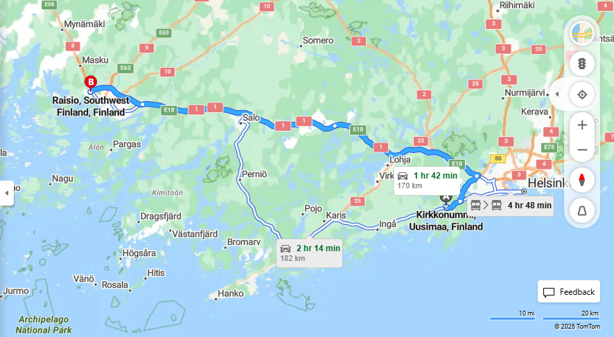 Matka Kirkkonummelta Raisioon - Etaisyys, Ajo, Kuljetus ja Matkustusvaihtoehdot