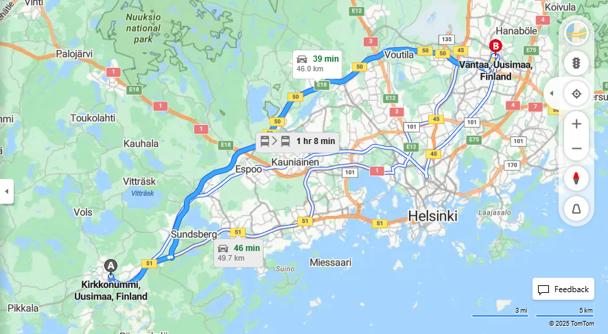 Matka Kirkkonummelta Vantaalle - Etaisyys, Ajo, Liikenne ja Matkustusvaihtoehdot