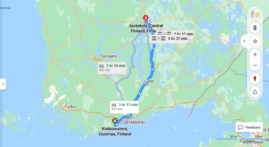 Matka Kirkkonummilta Jyvaskylaan - Etaisyys, Ajaminen, Liikenne ja Matkustusmahdollisuudet