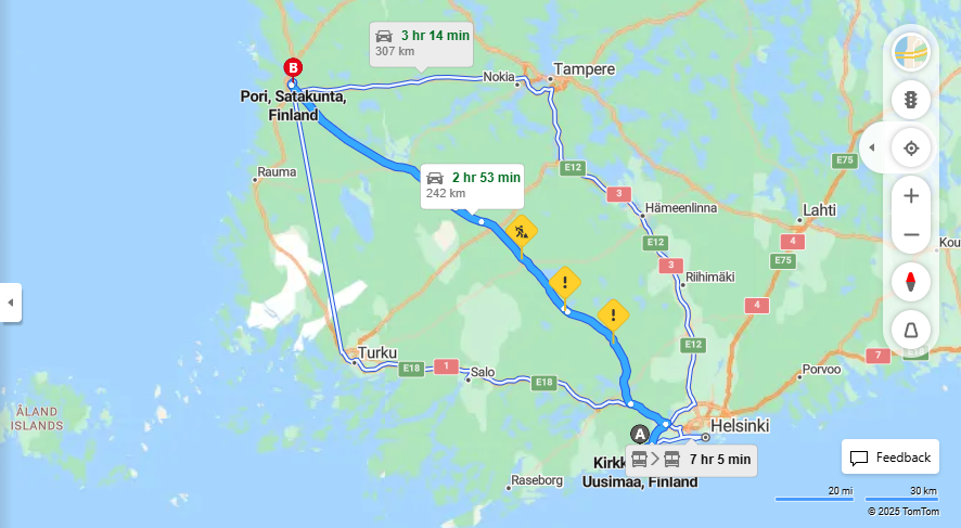 Matka Kirkkonummilta Poriin - Etaisyys, Ajo, Liikkuminen ja Matkustusvaihtoehdot
