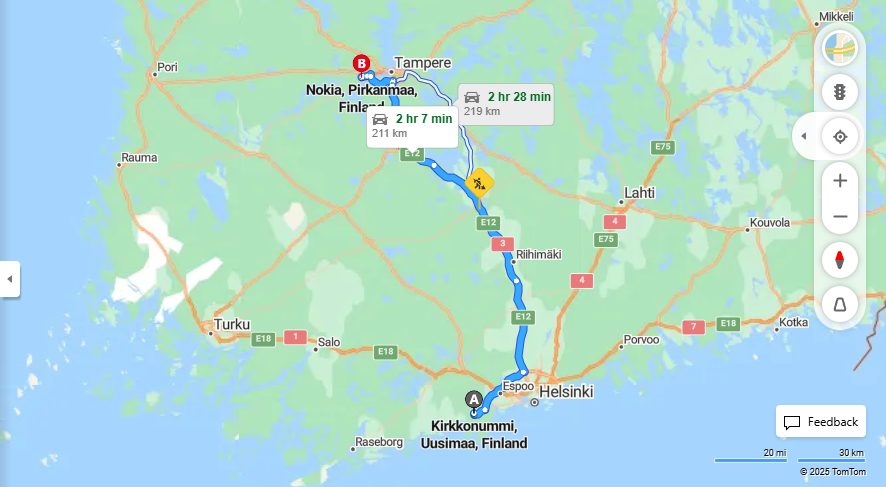 Matka Kirkkonummista Nokialle - Etaisyys, Ajo, Liikkuminen ja Matkustusvaihtoehdot