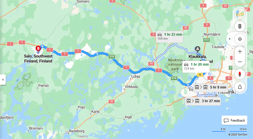 Matka Klaukkalasta Saloon - Etaisyys, Ajo, Kuljetus ja Matkustusvaihtoehdot