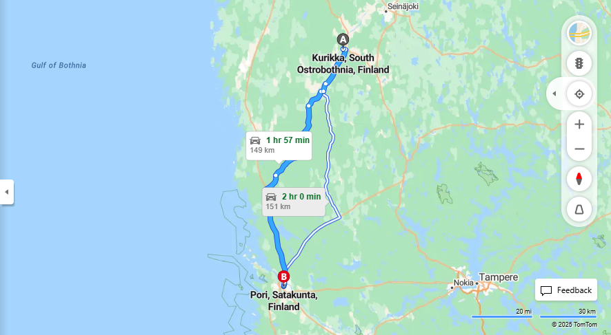 Matka Kurikasta Poriin - Etaisyys, Ajo, Kuljetus ja Matkustusmahdollisuudet