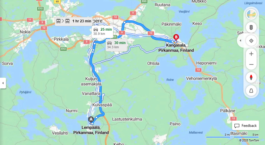 Matka Lempaalasta Kangasalle - Etaisyys, Ajaminen, Liikenne ja Matkustamisvaihtoehdot