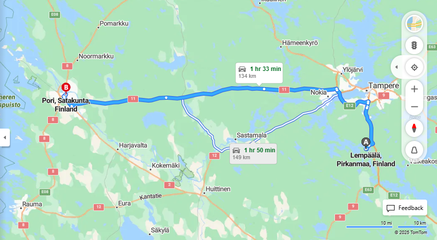 Matka Lempaalasta Poriin - Etaisyys, Ajo, Kuljetus ja Matkustusmahdollisuudet