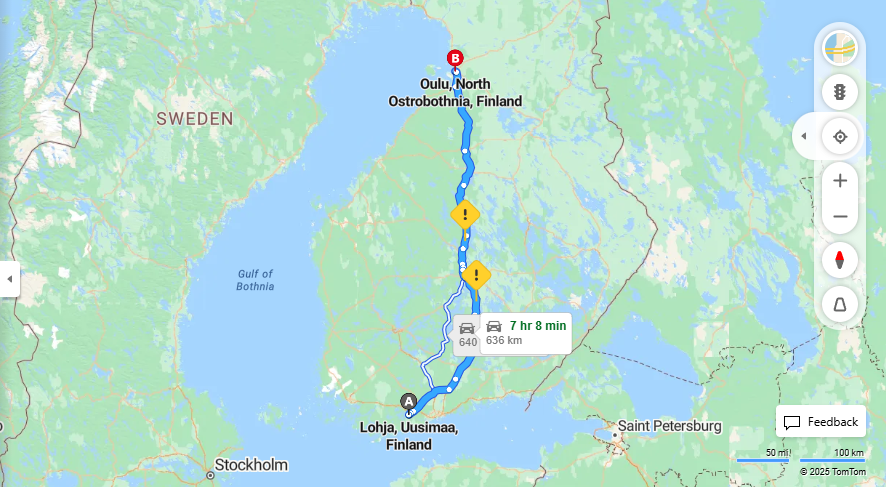 Matka Lohjalta Ouluun - Etaisyys, Ajaminen, Liikkuminen ja Matkustusvaihtoehdot
