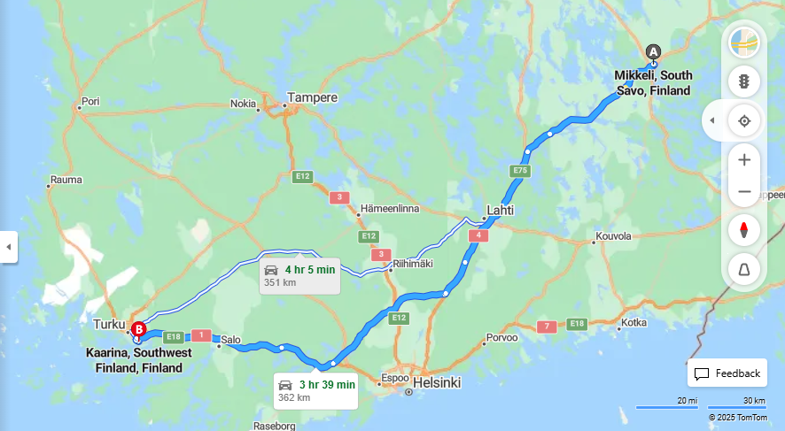 Matka Mikkelista Kaarinaan - Etaisyys, Ajo, Liikenne ja Matkustusvaihtoehdot