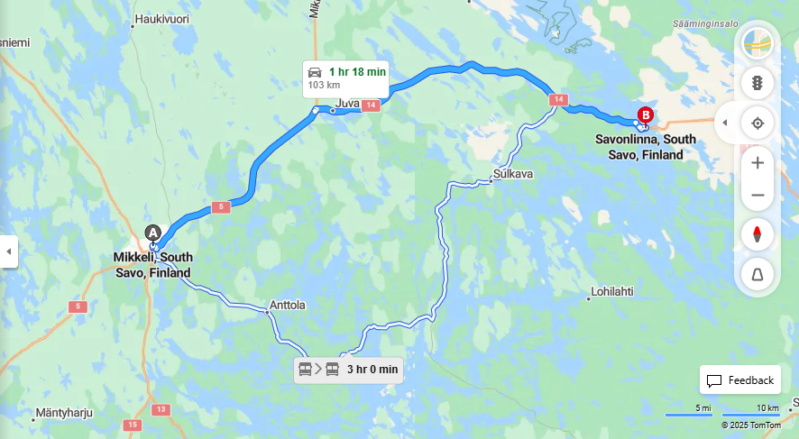 Matka Mikkelista Savonlinnaan - Etaisyys, Ajaminen, Kuljetus ja Matkustusvaihtoehdot