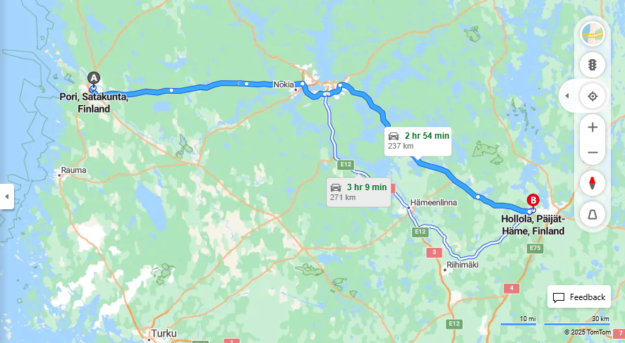 Matka Porista Hollolaan - Valimatka, Ajaminen, Liikkumisvaihtoehdot ja Matkustaminen