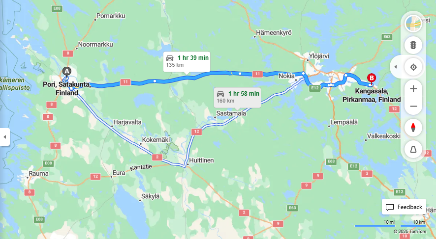 Matka Porista Kangasalalle - Etaisyys, Ajaminen, Kuljetus ja Matkustusmahdollisuudet