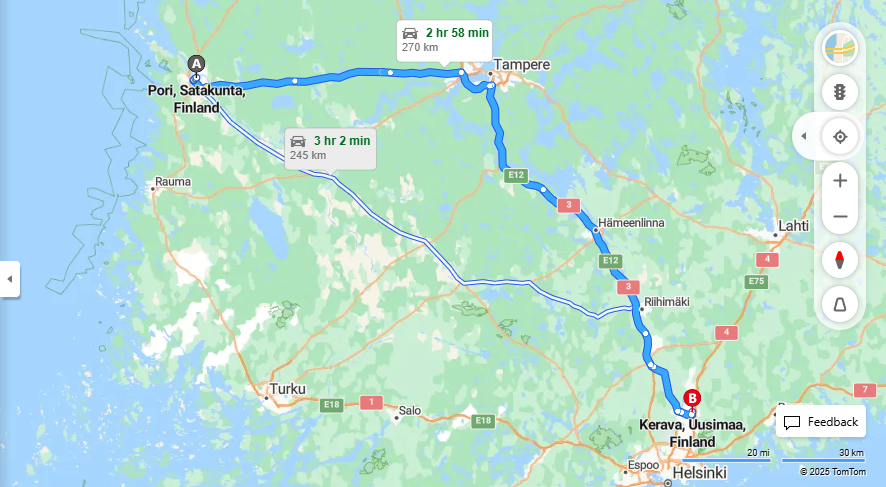 Matka Porista Keravalle - Etaisyys, Ajaminen, Kuljetus ja Matkustusvaihtoehdot