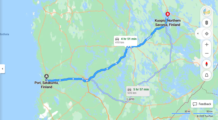 Matka Porista Kuopioon - Etaisyys, Ajo, Liikkuminen ja Matkustusvaihtoehdot