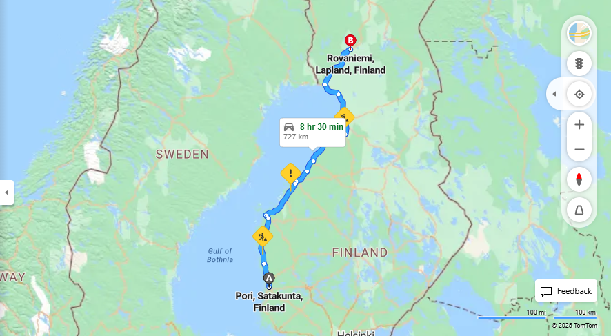 Matka Porista Rovaniemelle - Etaisyys, Ajaminen, Kuljetus ja Matkavaihtoehdot