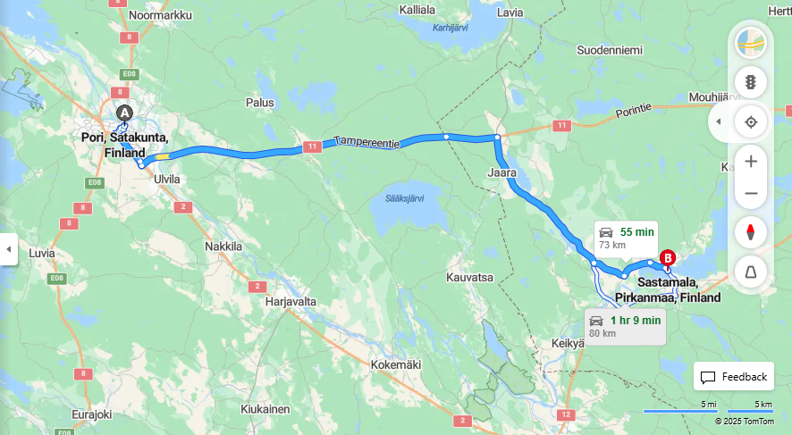 Matka Porista Sastamalaan - Etaisyys, Ajo, Liikenne ja Matkustusvaihtoehdot