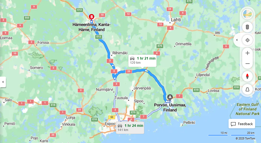 Matka Porvoosta Hameenlinnaan - Etaisyys, ajo, kuljetus ja matkavaihtoehdot