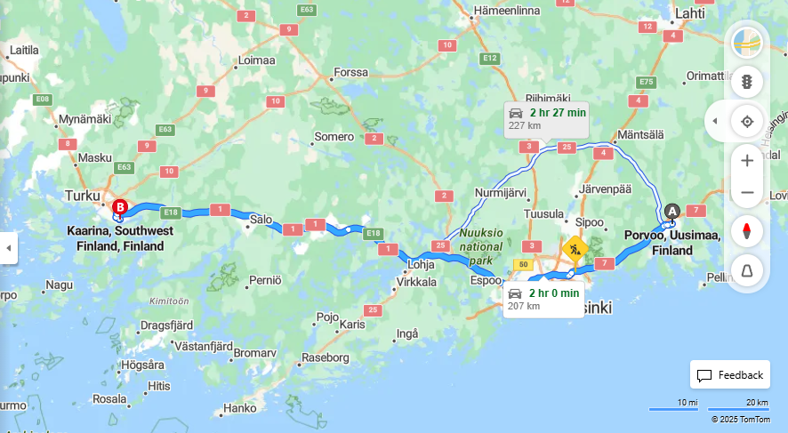 Matka Porvoosta Kaarinaan - Etaisyydet, Ajaminen, Kuljetus ja Matkustusmahdollisuudet