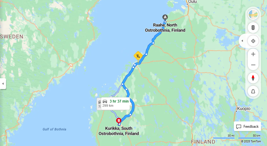 Matka Raaheesta Kurikkaan - Etaisyys, Ajaminen, Liikkuminen ja matkustusvaihtoehdot