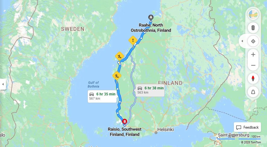 Matka Raaheesta Raisioon - Etaisyydet, AJAMINEN, Kuljetus ja Matkustusvaihtoehdot