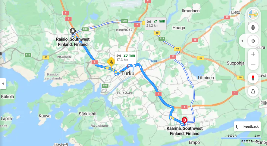 Matka Raisiosta Kaarinaan - Etaisyys, ajo, kuljetus ja matkustamisvaihtoehdot