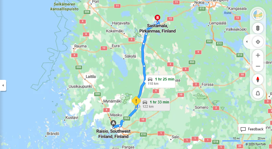 Matka Raisiosta Sastamalaan - Etaisyys, Ajaminen, Kuljetus ja Matkavaihtoehdot