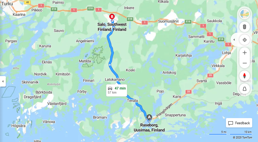 Matka Raseborgista Salon - Etaisyys, Ajo, Kuljetus ja Matkustusvaihtoehdot