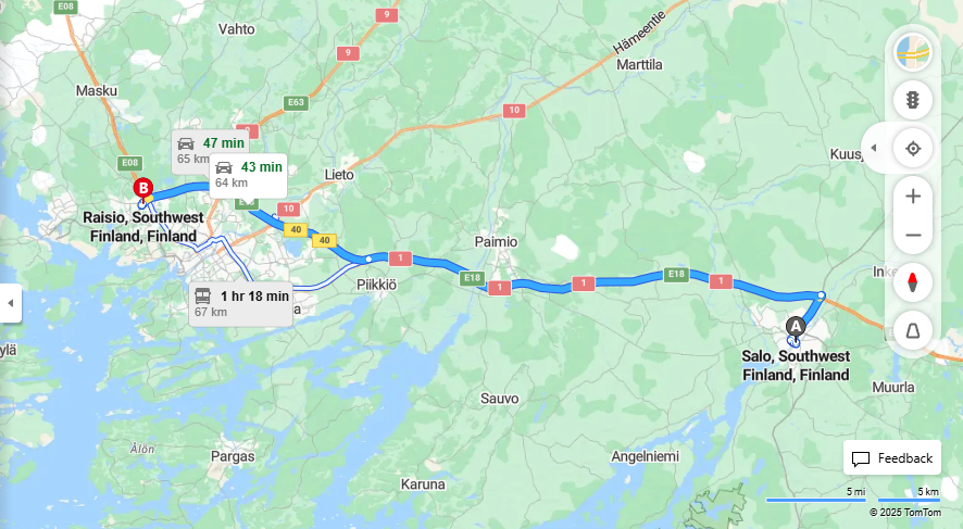 Matka Salosta Raisioon - Etaisyys, Ajo, Kuljetus ja Matkavaihtoehdot