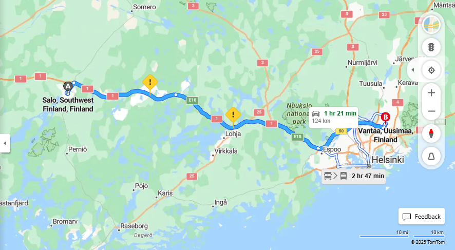 Matka Salosta Vantaalle - Etaisyys, Ajo, Liikkumis- ja matkavaihtoehdot