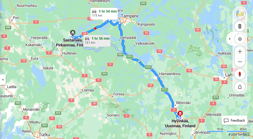 Matka Sastamalasta Hyvinkaalle - Etaisyys, ajo, liikenne ja matkustusvaihtoehdot