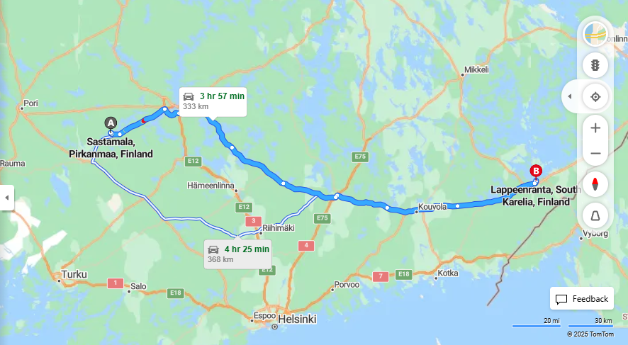 Matka Sastamalasta Lappeenrantaan - Etaisyys, Ajo, Kuljetus ja Matkavaihtoehdot