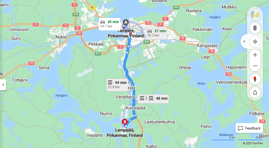 Matka Tampereelta Lempaalaan - Etaisyys, Ajo, Liikenne ja Matkustamisvaihtoehdot