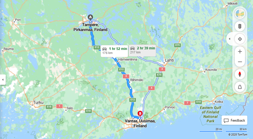 Matka Tampereelta Vantaalle - Etaisyys, Ajo, liikenne ja matkustusvaihtoehdot