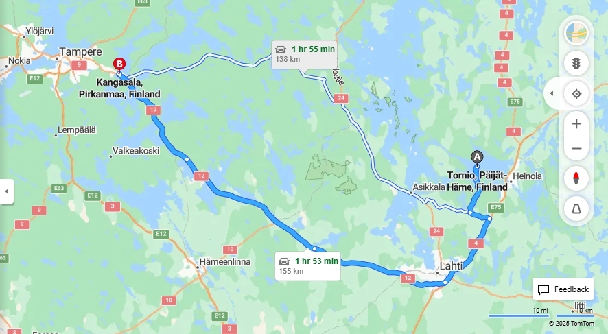Matka Tornion ja Kangasalan valilla - Etaisyys, Ajo, Liikenne ja Matkustamisvaihtoehdot