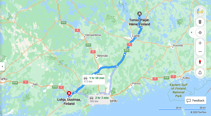 Matka Tornion ja Lohjan valilla - Etaisyys, ajo, liikennointi ja matkustusmahdollisuudet