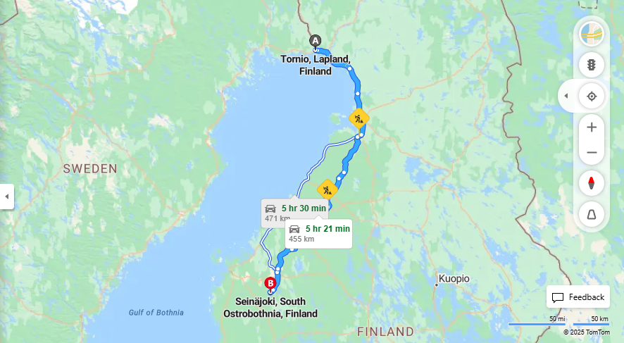 Matka Tornion ja Seinajoen valilla - Etaisyys, Ajo, Liikenne ja Matkustusmahdollisuudet