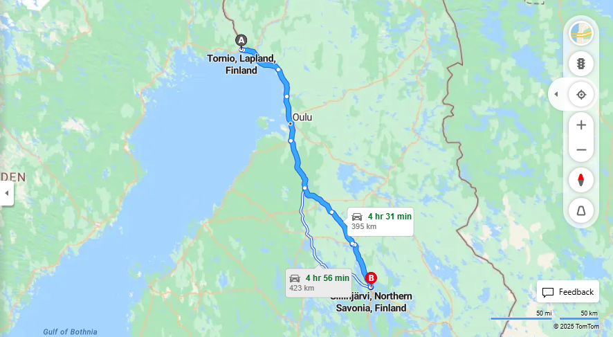 Matka Tornion ja Siilinjarven valilla - Etaisyys, Ajaminen, Kuljetus ja Matkustamismahdollisuudet