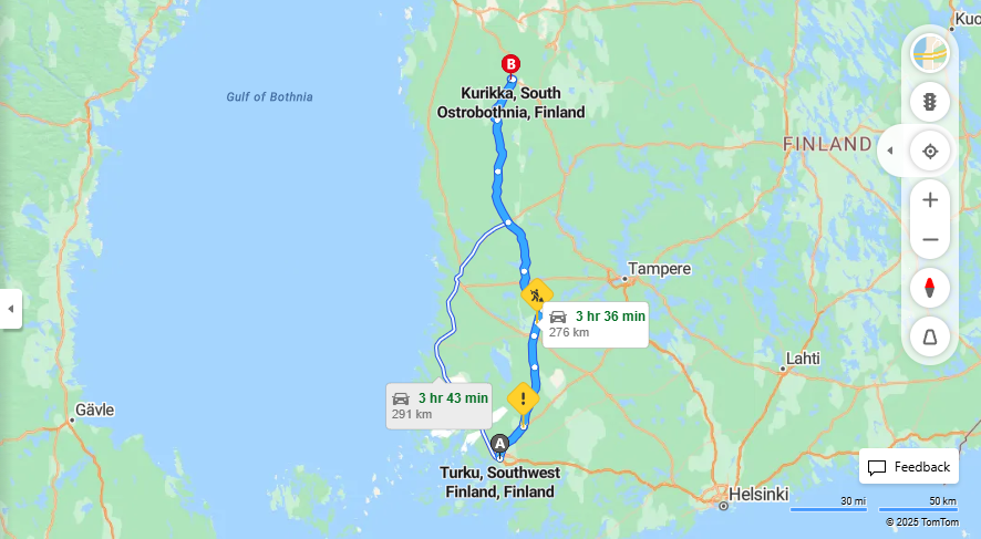 Matka Turusta Kurikkaan - Etaisyys, Ajo, Kuljetus ja matkustamisvaihtoehdot
