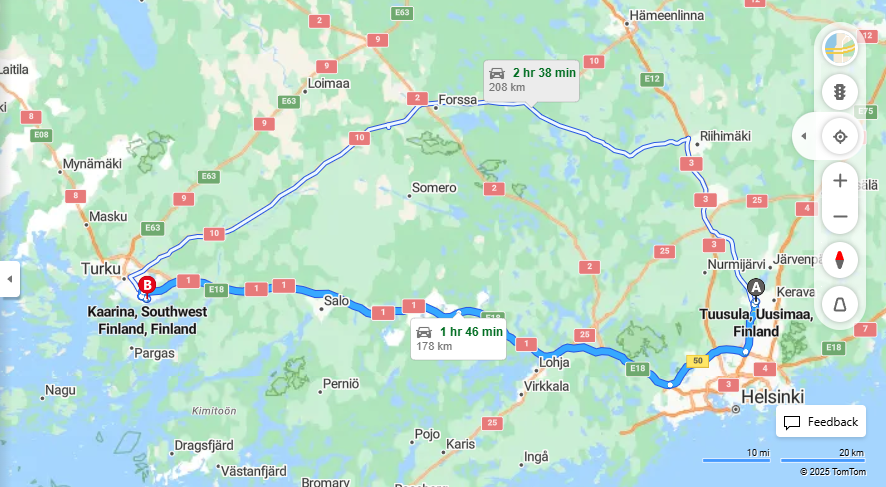 Matka Tuusulasta Kaarinaan - Etaisyys, Ajo, Kuljetus ja Matkustusmahdollisuudet
