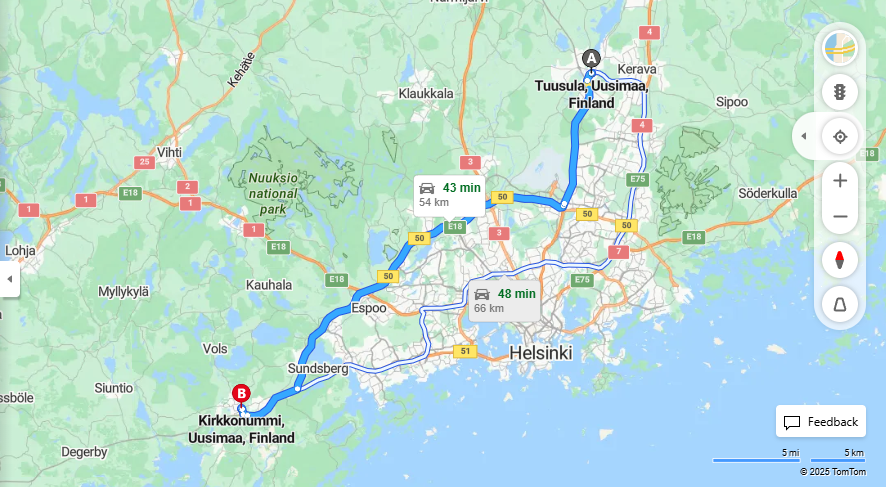 Matka Tuusulasta Kirkkonummelle - Etaisyys, Ajaminen, Liikenne ja Matkustamismahdollisuudet