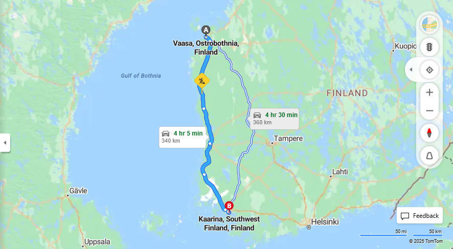 Matka Vaasasta Kaarinaan - Etaisyys, Ajo, Liikkuminen ja Matkavaihtoehdot