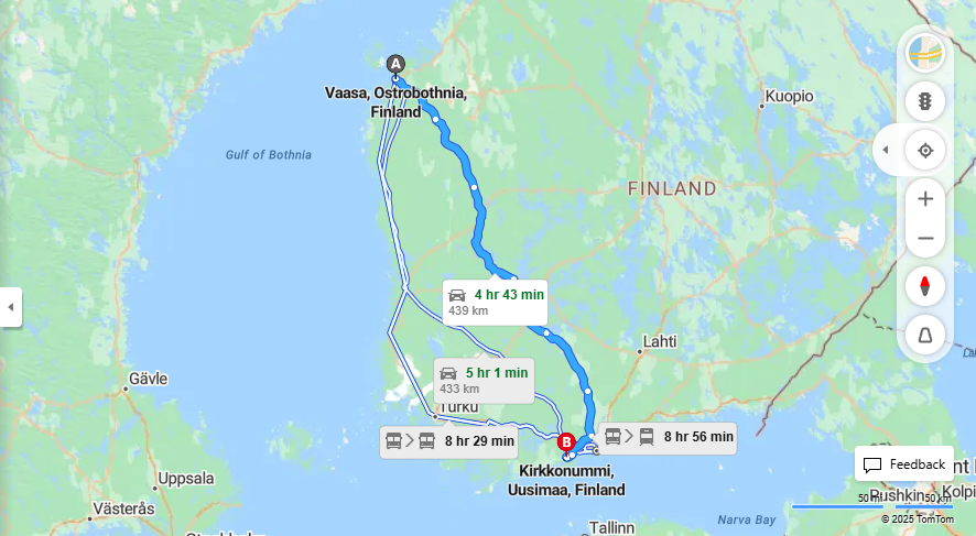 Matka Vaasasta Kirkkonummelle - Etaisyys, Ajaminen, Liikenne ja Matkustusvaihtoehdot