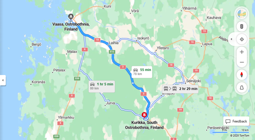 Matka Vaasasta Kurikkaan - Etaisyys, Ajo, Kuljetus ja Matkavaihtoehdot