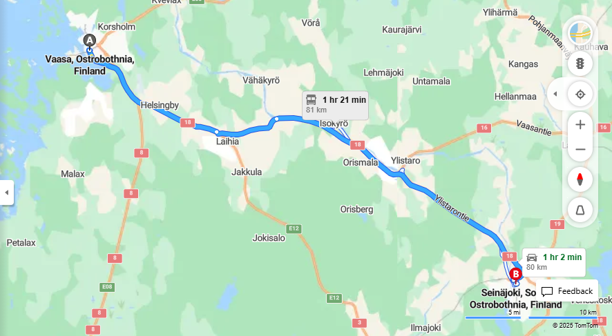 Matka Vaasasta Seinajoelle - Etaisyys, Ajo, Liikkumis- ja Matkustustavat