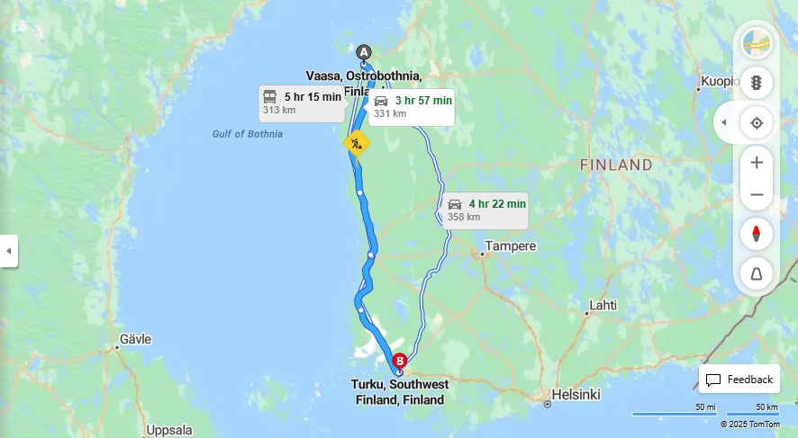 Matka Vaasasta Turkuun - Etaisyys, Ajo, Liikenne ja Matkustusvaihtoehdot