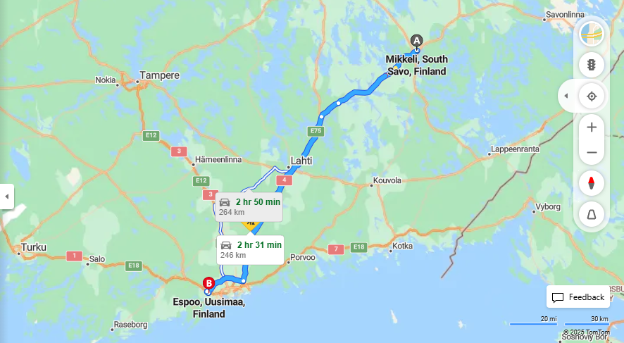 Mikkelin ja Espoon valinen matka: Etaisyys, ajo, liikennemuodot ja matkavaihtoehdot