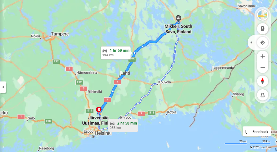 Mikkelin ja Jarvenpaan valinen etaisyys, kulkuvalineet ja matkustusvaihtoehdot