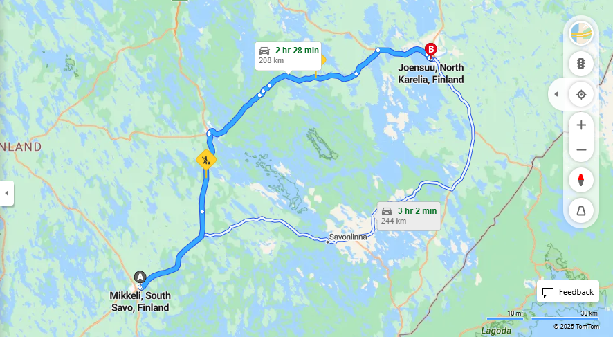 Mikkelin ja Joensuun valinen etaisyys, ajo, kuljetus ja matkustusvaihtoehdot