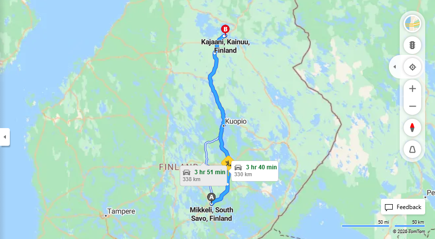 Mikkelin ja Kajaanin valinen matka: Etaisyydet, ajo, liikenne ja matkustamisvaihtoehdot