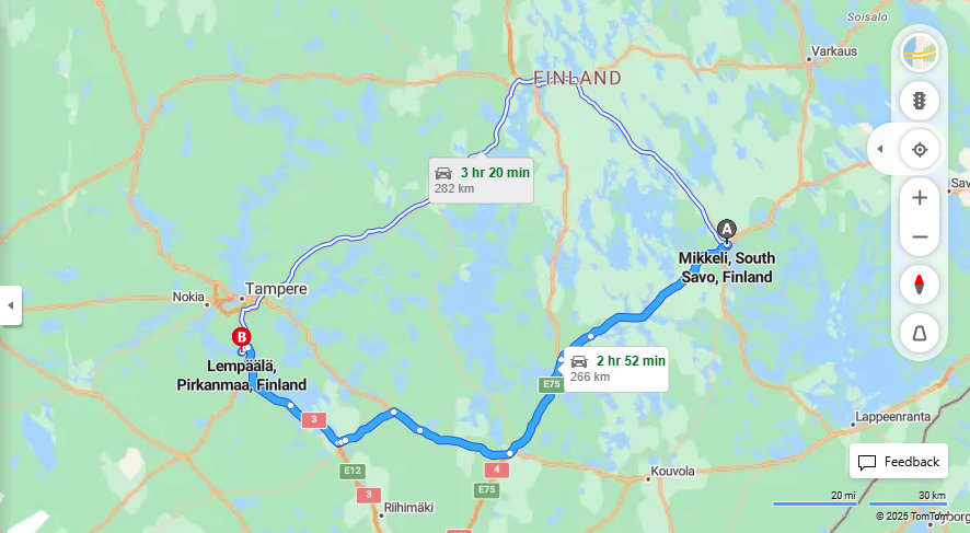 Mikkelin ja Lempaalan valiset etaisyydet, ajaminen, kuljetus ja matkustusmahdollisuudet