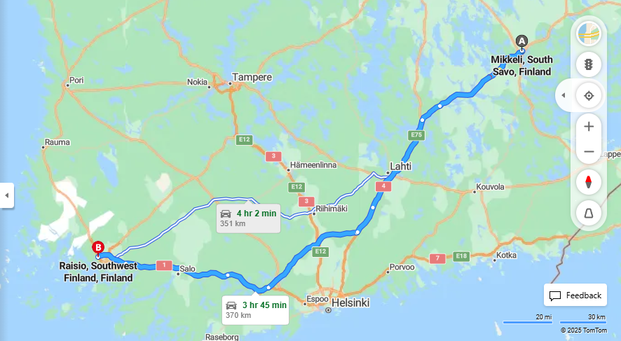 Mikkelin ja Raision valinen matka: Etaisyys, ajo, kuljetus ja matkustamisvaihtoehdot