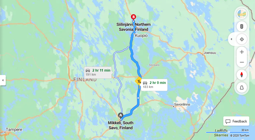 Mikkelin ja Siilinjarven valinen etaisyys, ajaminen, kuljetus ja matkustusvaihtoehdot